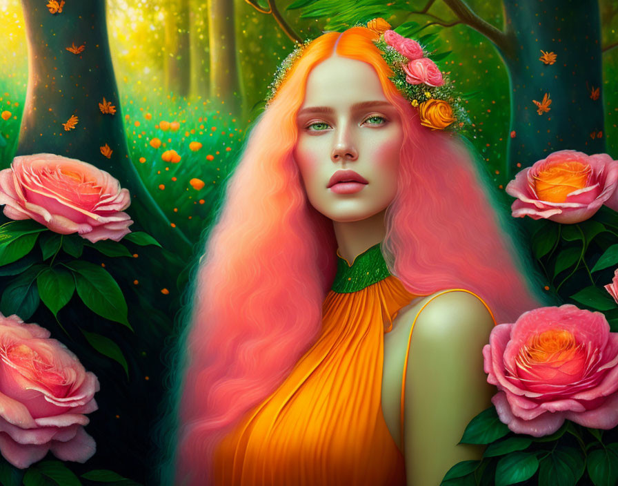 Pink-haired woman surrounded by flowers in lush greenery and pink roses under sunlight.