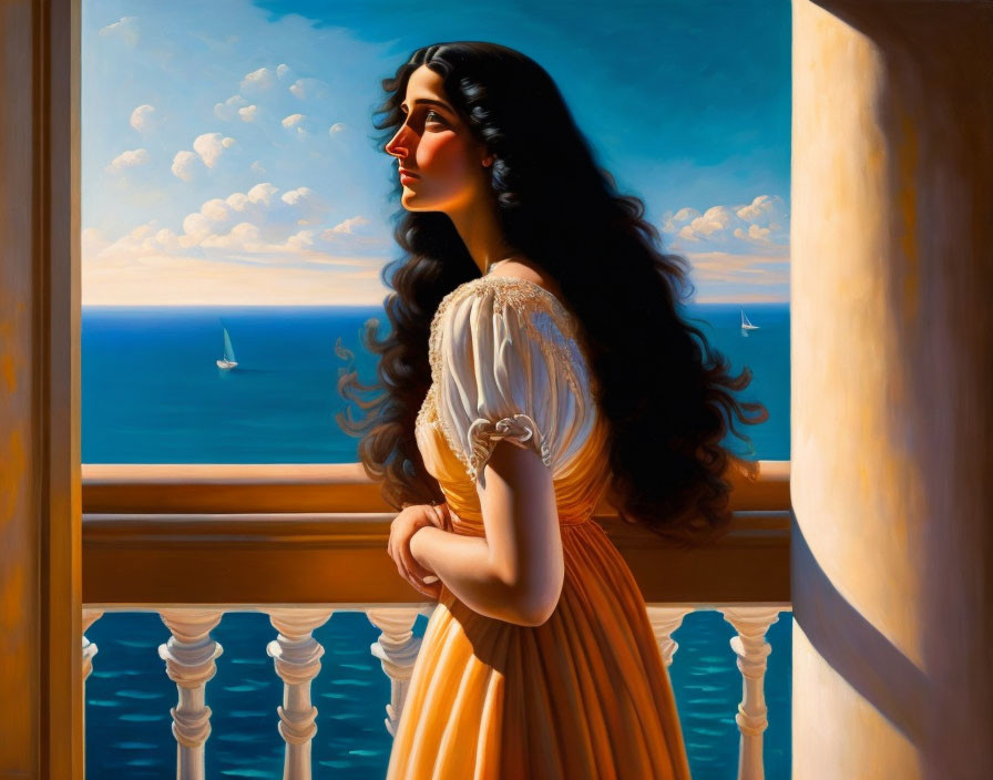 Woman in yellow dress by the sea with sailboats from balcony.