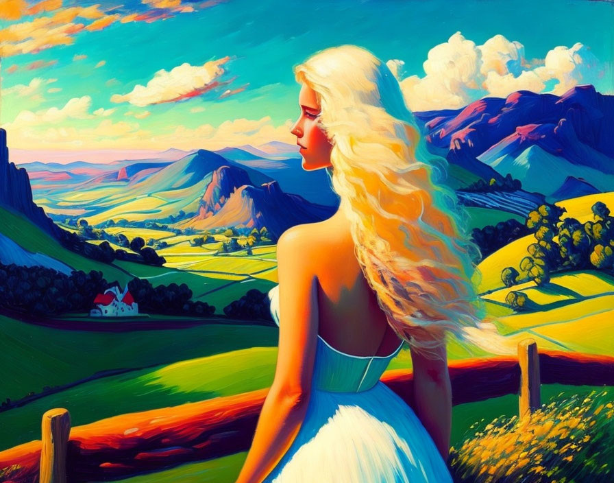 Blonde woman admires vibrant countryside scene