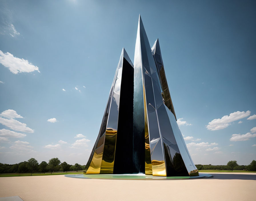 Geometric sculpture with mirrored surfaces and gold accents under blue sky