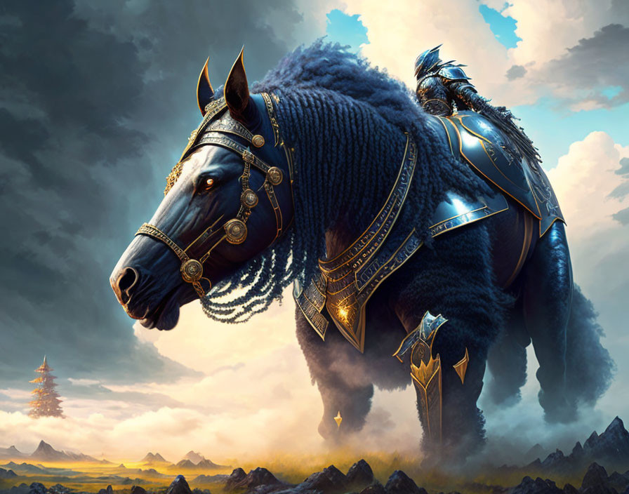 Majestic armor-clad horse under dramatic sky with mountains and temples