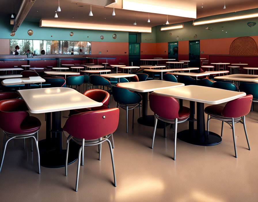 Spacious modern cafeteria with maroon and blue decor, large windows, and warm color scheme