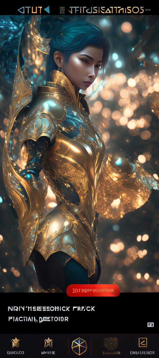 Female character with blue hair in golden armor on bokeh background