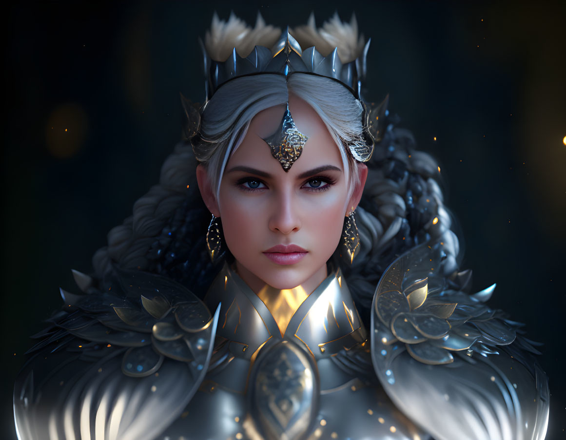 Fantasy queen with silver crown and majestic armor in dark ambience