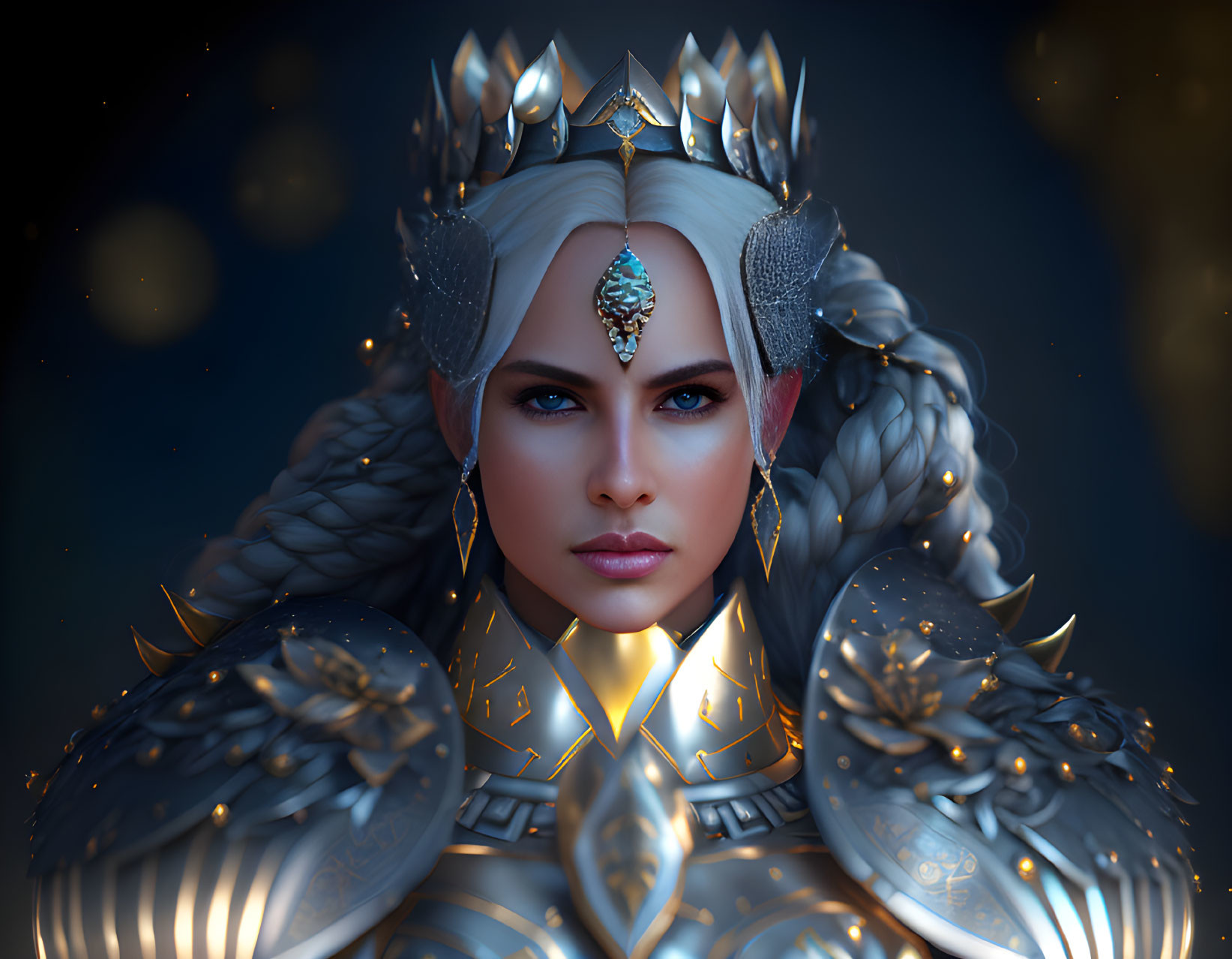 Glowing blue-eyed figure in ornate crown and armor under starlit sky