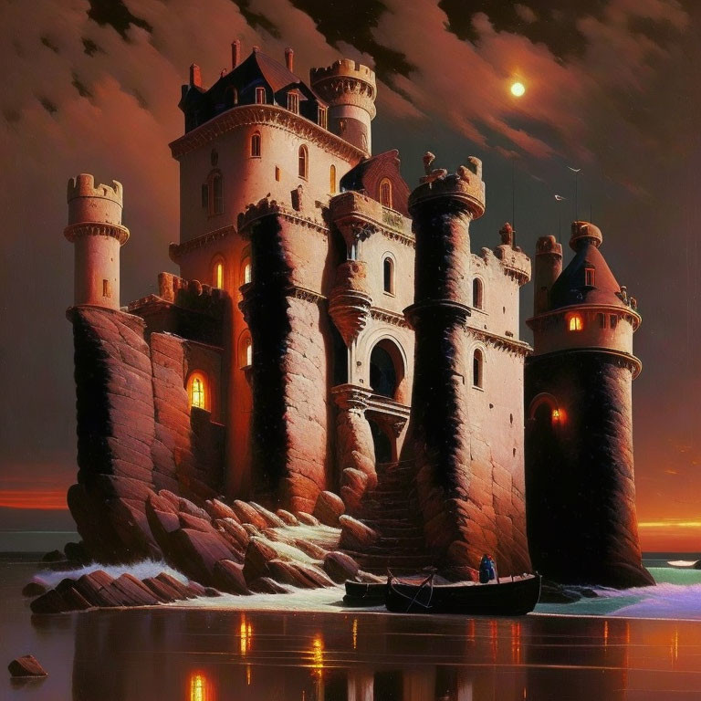 Majestic castle with lit towers on rugged cliffs at sunset