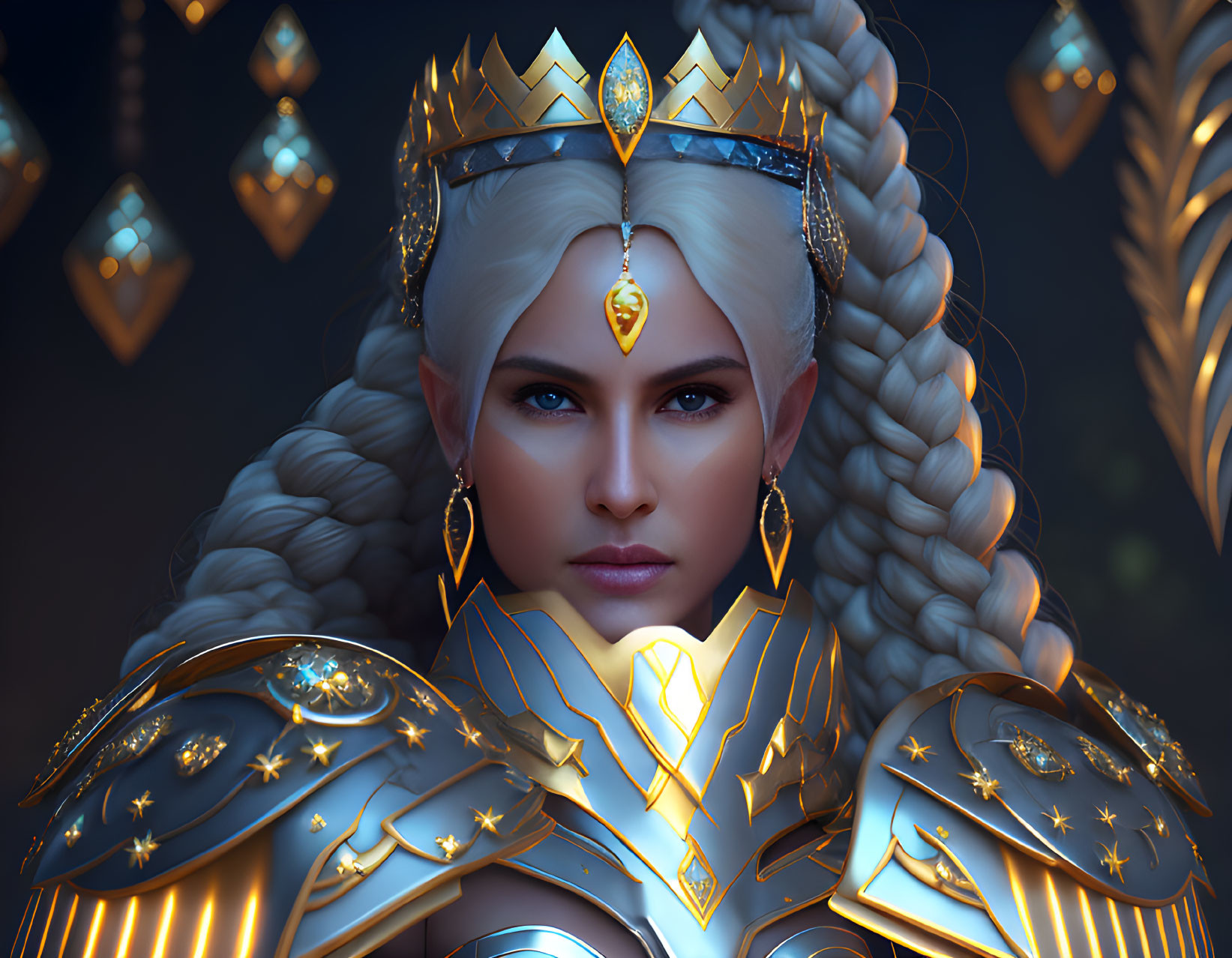 Platinum blonde woman in golden crown and armor with blue gemstones