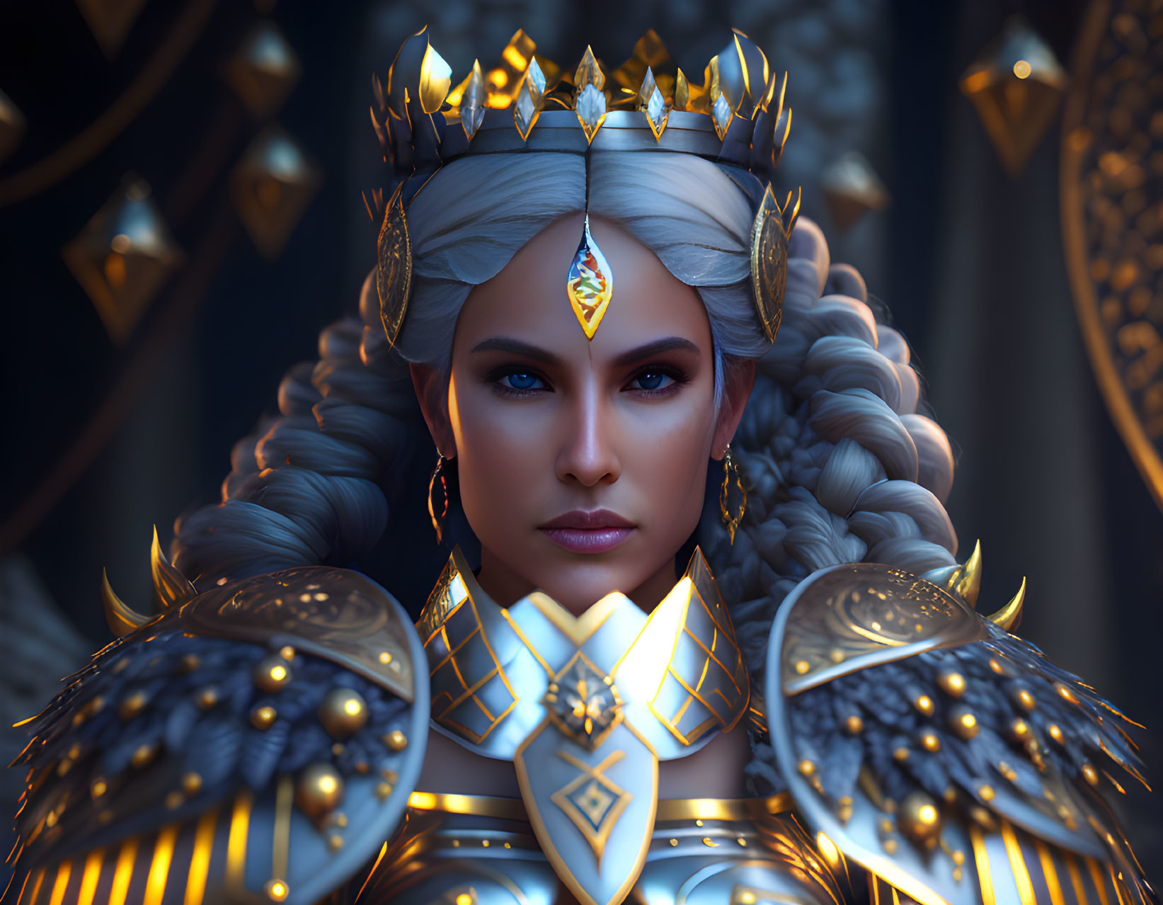 Regal woman with braided hair and golden crown in blue and gold armor