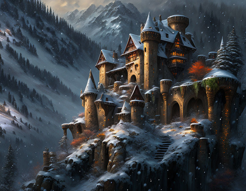 Snowy mountain castle at twilight with glowing windows and pine trees