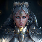 Regal woman in elaborate gold and silver armor with blue eyes