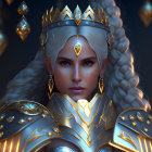 Platinum blonde woman in golden crown and armor with blue gemstones