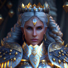 Regal woman with braided hair and golden crown in blue and gold armor