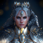 Glowing blue-eyed figure in ornate crown and armor under starlit sky