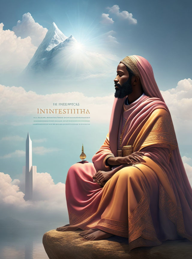 Digital artwork: Bearded man in pink robes with mountains and architecture.