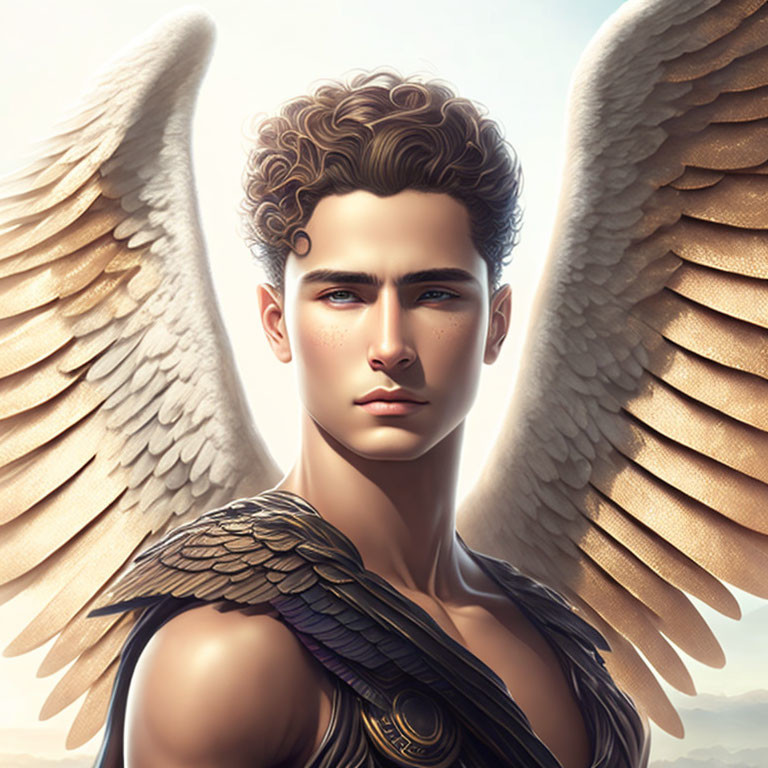 Young man with curly hair and angel wings in armor with blue eyes and medallion.