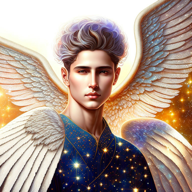 Ethereal winged being with silver hair in starry night attire