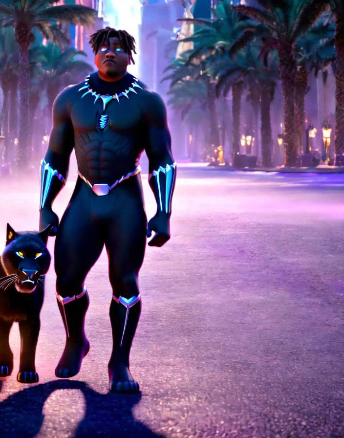 Stylized black superhero with neon blue accents and black panther on purple-lit street