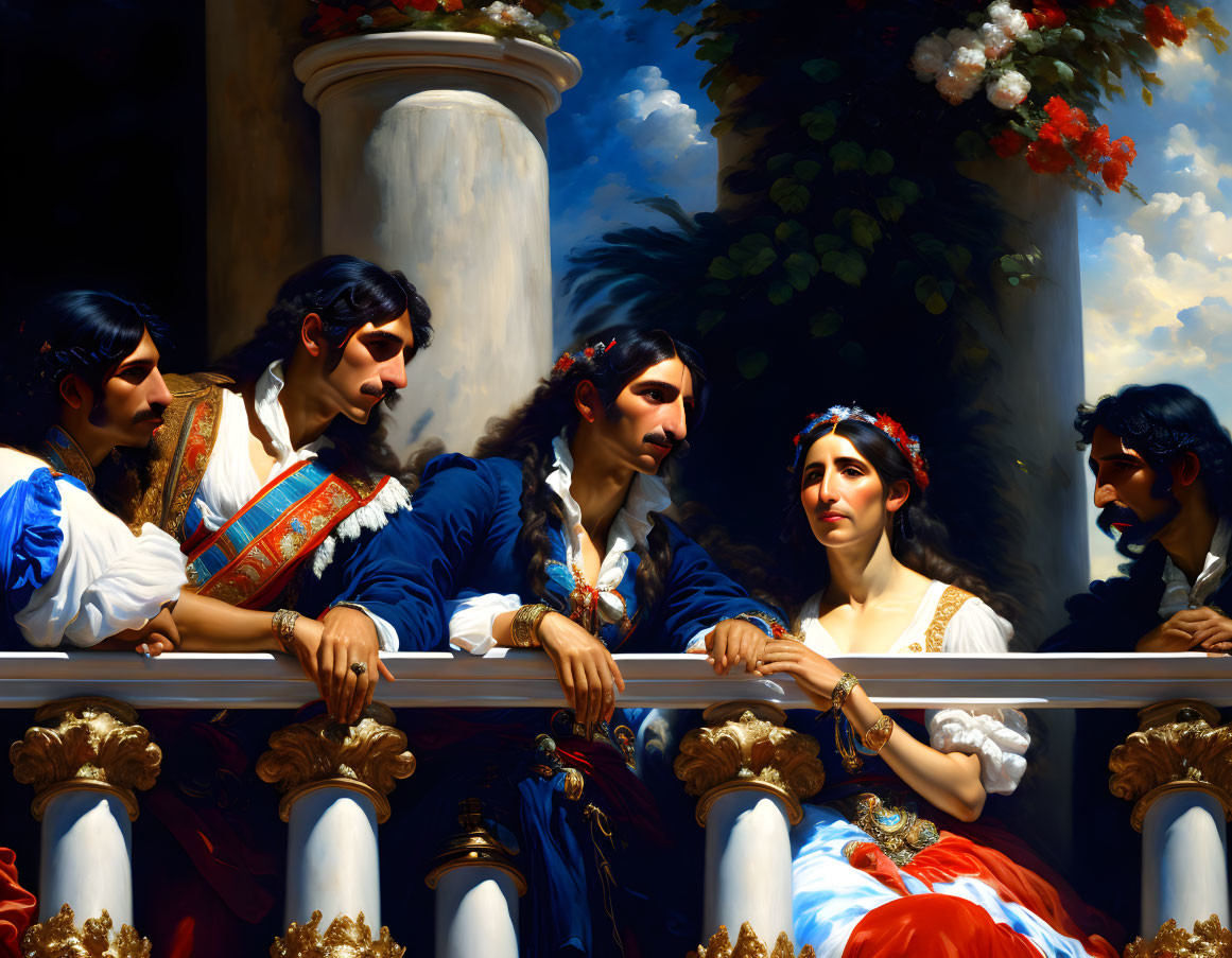 Classical painting featuring five figures in traditional attire on balcony with column and flowers in light and shadow.