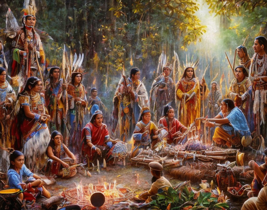 Indigenous people in traditional attire performing cultural ceremony in forest setting