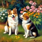 Two dogs surrounded by colorful flowers in playful interaction