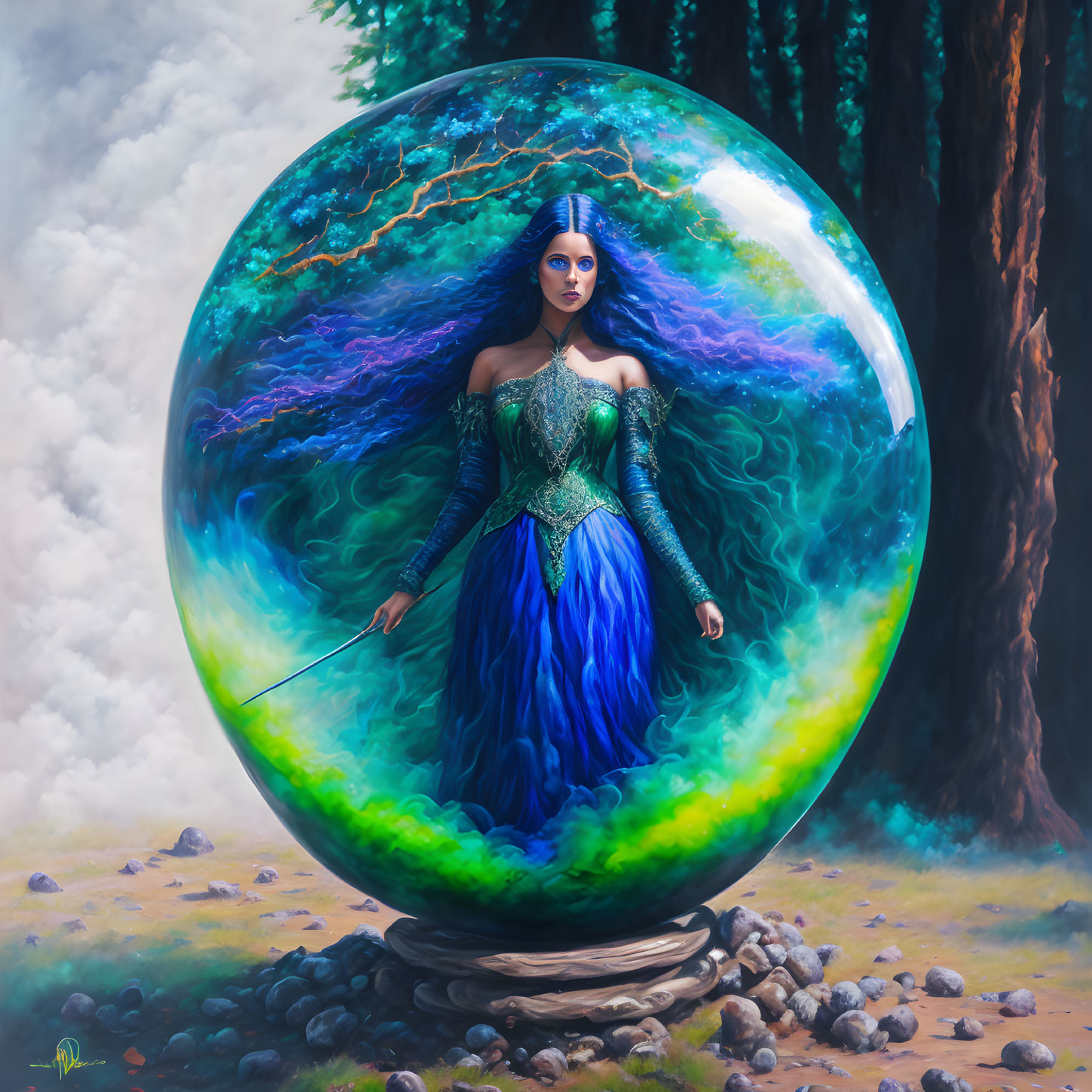 Fantasy Artwork: Woman with Blue Hair in Green Corset Dress Wielding Sword in Magical Forest