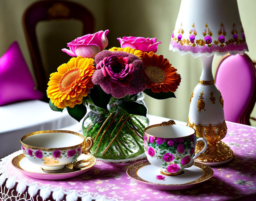 Elegant table setup with ornate teacups, lamp, and colorful flowers