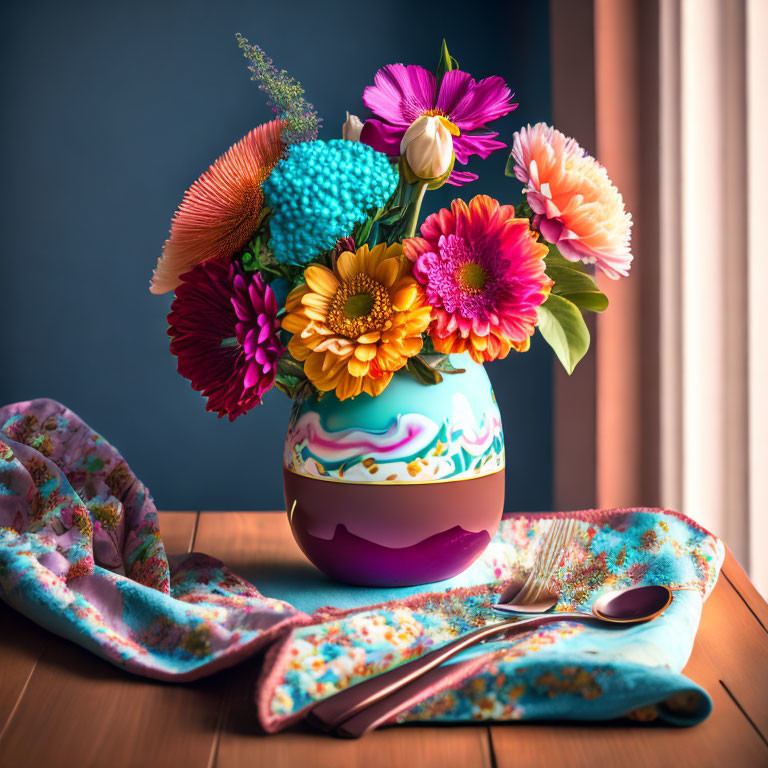 Colorful Flowers Bouquet in Decorative Vase with Silverware on Wooden Surface