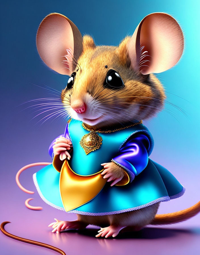 Anthropomorphic mouse in royal blue dress with golden accessories