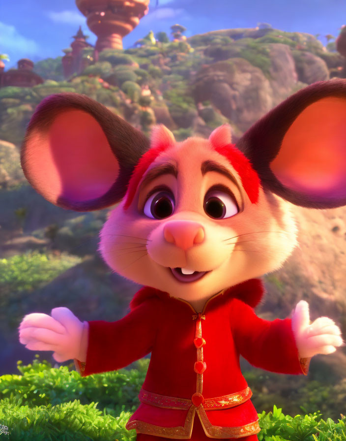 Animated Mouse Character in Red Jacket Smiling on Colorful Background