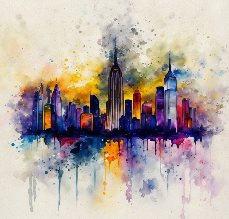 New York Skyline Splashy Watercolor