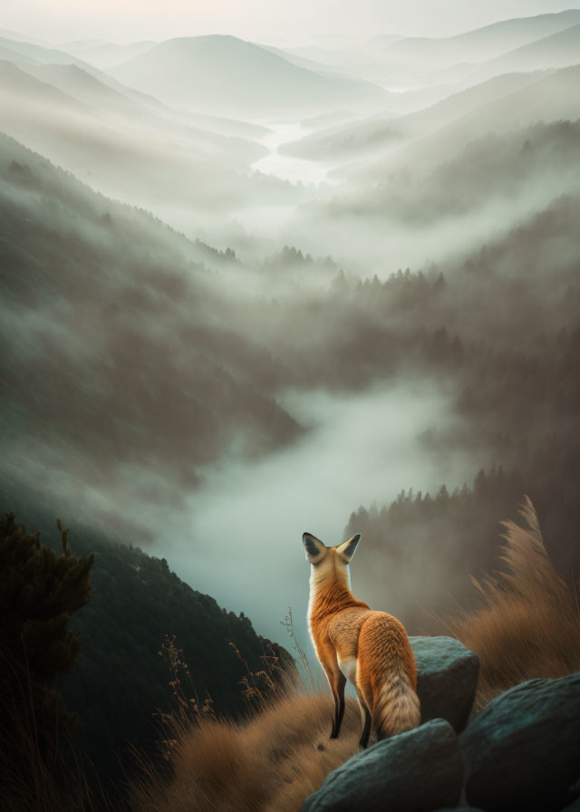 Lone Fox on a Misty Mountain Morning