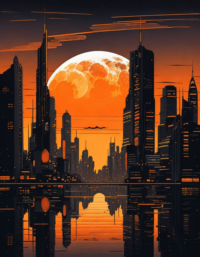 Cityscape with Full Moon