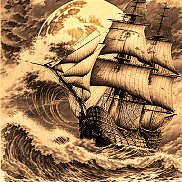 DaVinci Sketch Pirate Ship on Stormy Seas