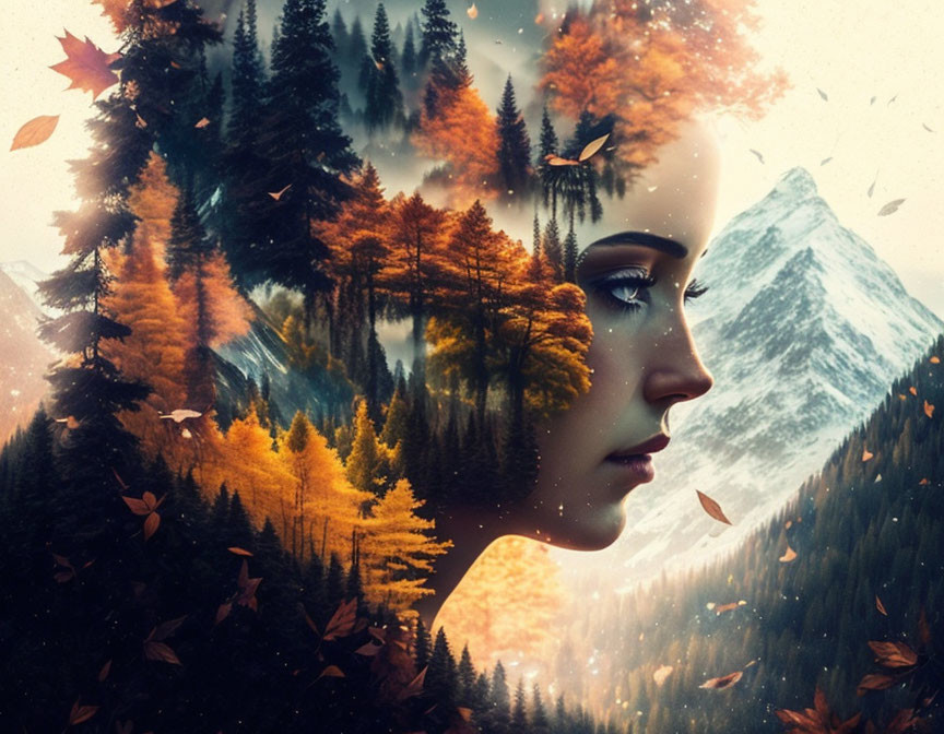 Double Exposure Autumn Forest and Mountains