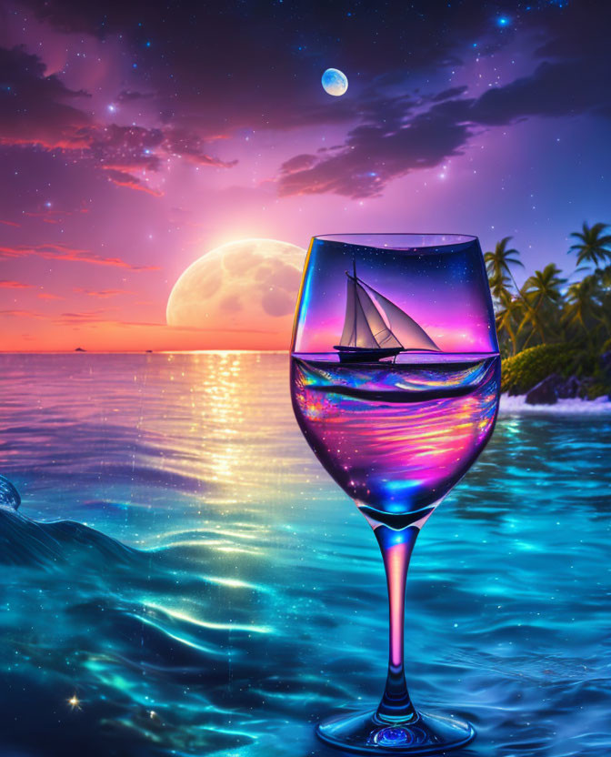 Surreal Wine Glass and Sailboat on Quiet Lagoon