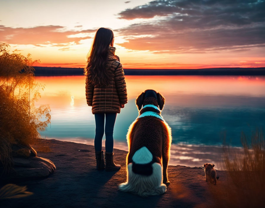 Person with dog admiring sunset colors by tranquil lake