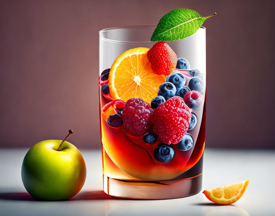 Colorful fruit cocktail with garnish and fresh fruits in a glass.