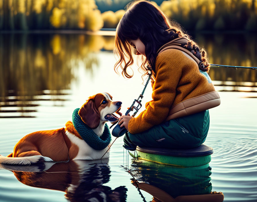 Girl fishing with Beagle dog by autumn lake dock