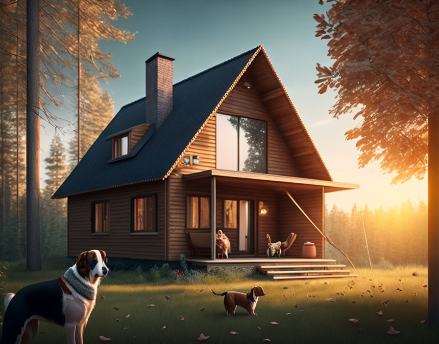 Wooden cabin with large window and porch in forest at sunset, dogs on lawn and porch