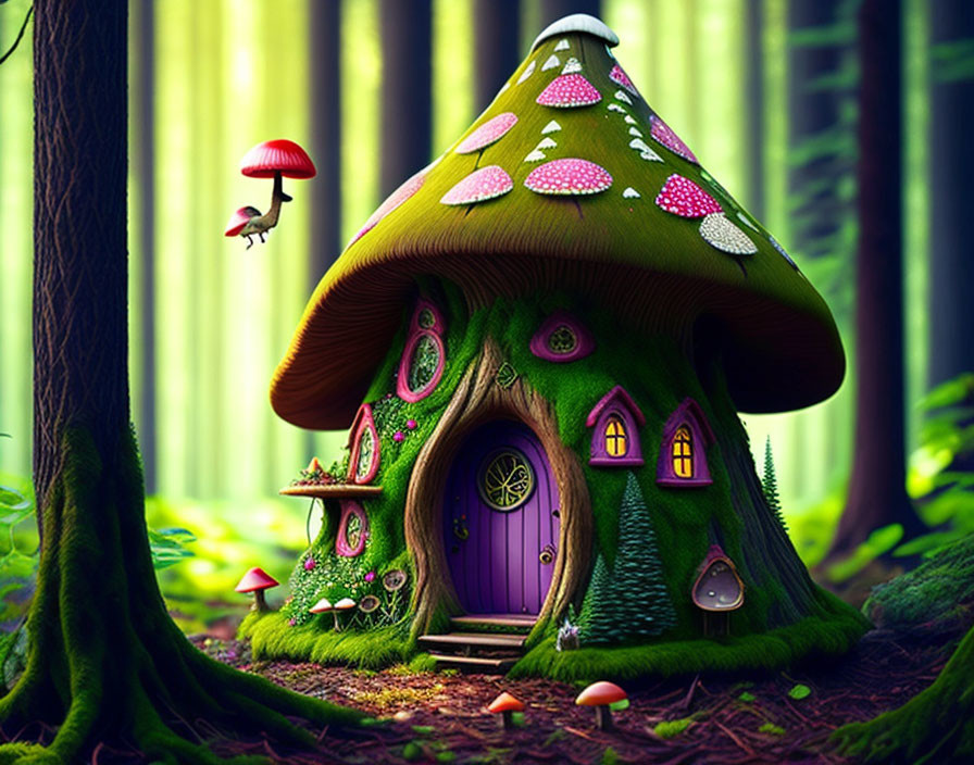 Mushroom House in Mystical Forest with Green Door