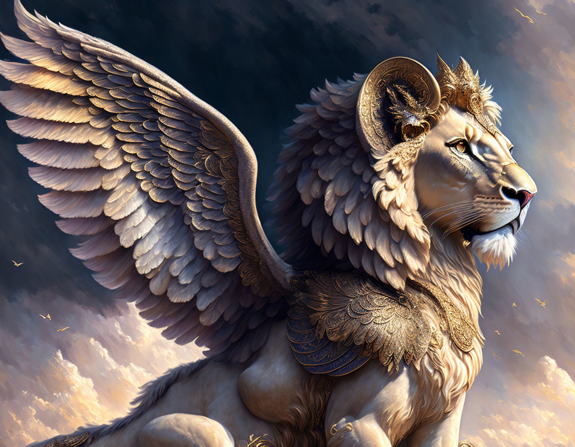 Golden winged lion with intricate feathers in cloudy sky