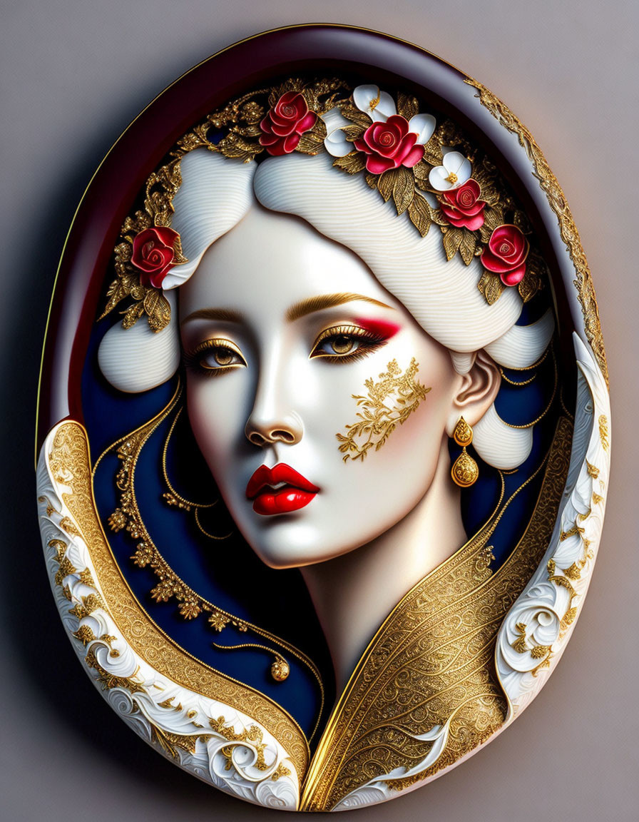 Stylized portrait of woman with white hair and red flowers in ornate gold and blue frame