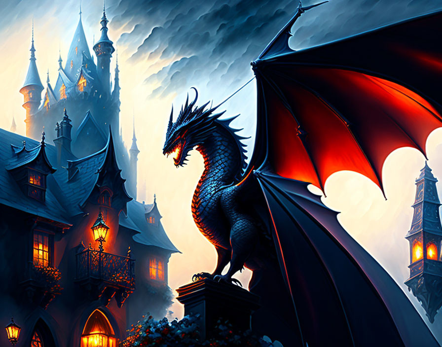 Blue dragon perched on castle under moonlit sky
