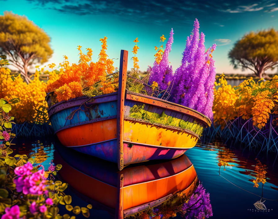 Colorful old boat with purple and orange flowers on calm water and lush trees - serene nature scene