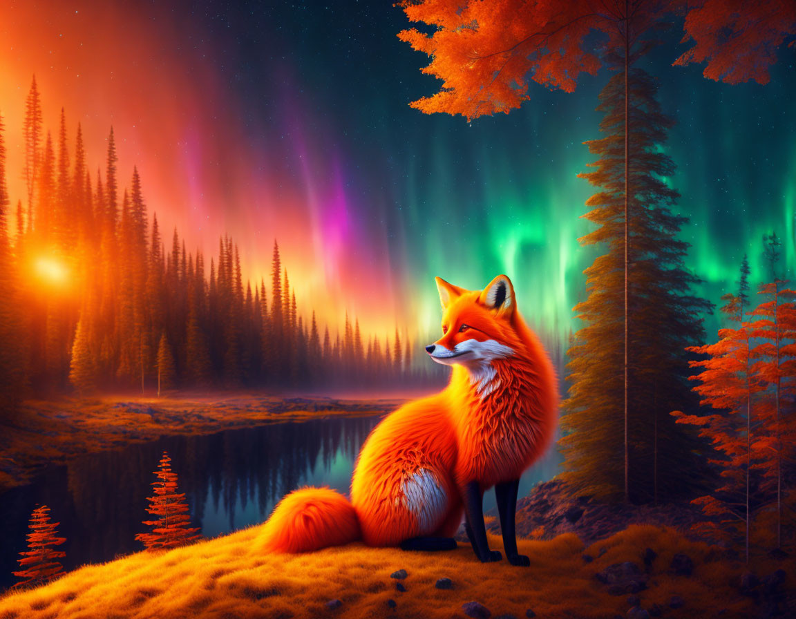 Colorful fox in autumn forest under northern lights by tranquil lake