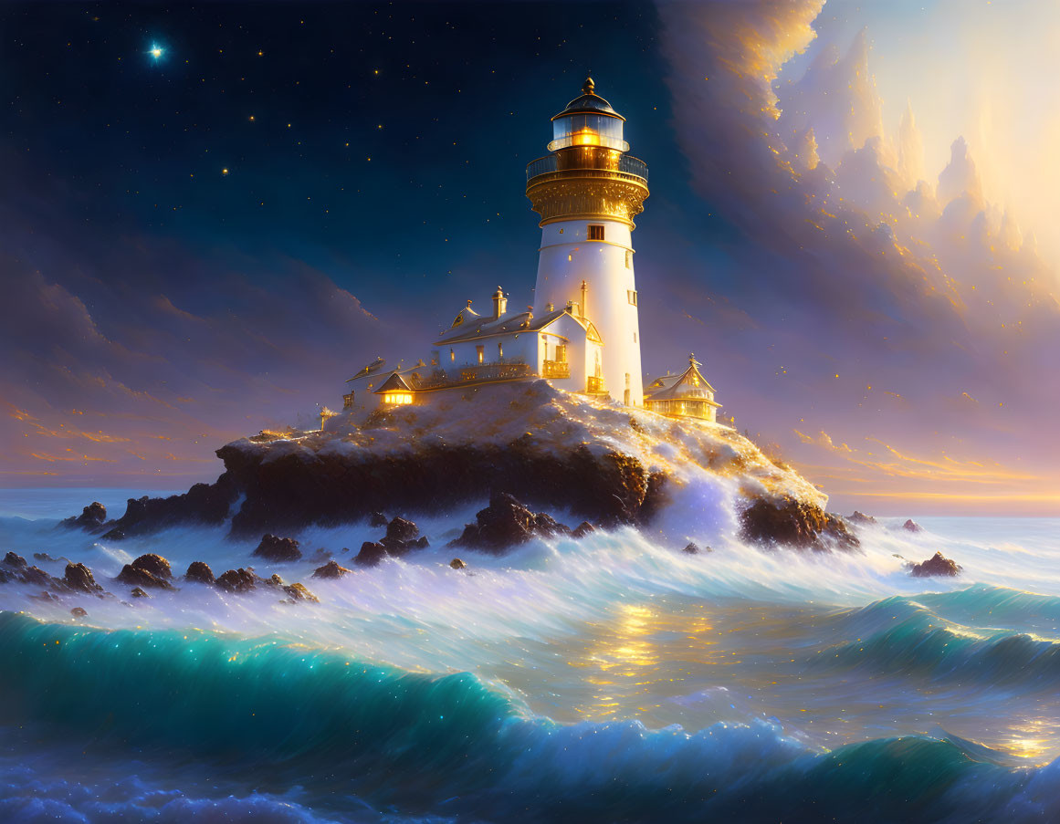 Lighthouse on rocky island amid turbulent waves under starry sky