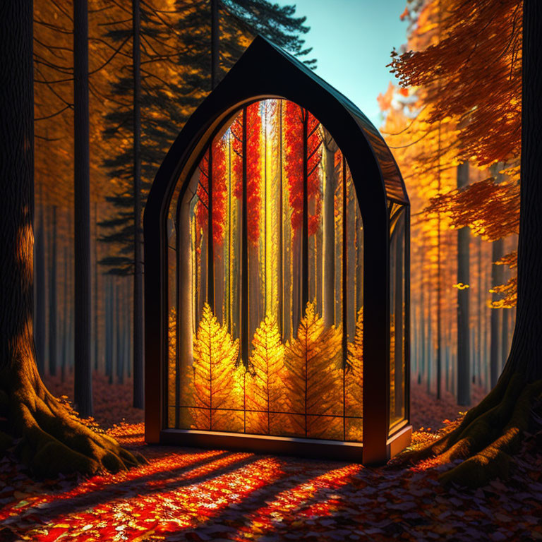 Gothic window in autumn forest with sunlight and fall leaves