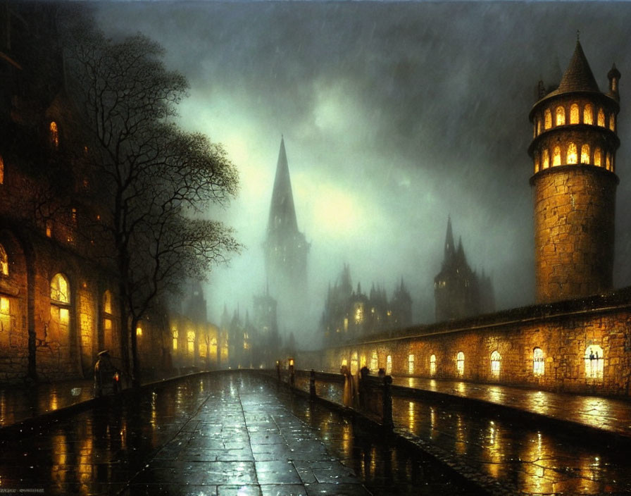 Gothic architecture in rainy cityscape with cobblestone paths