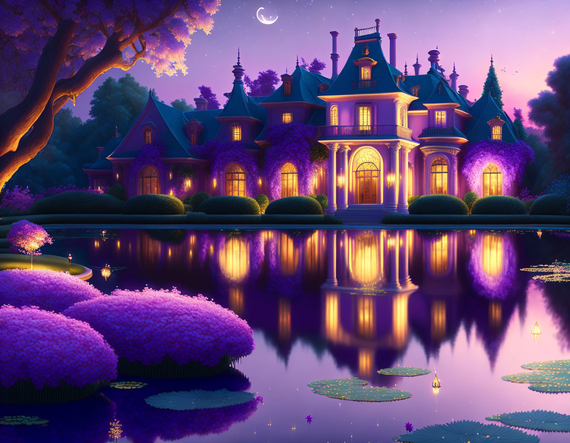 Victorian-style mansion in twilight garden with purple flora and tranquil pond
