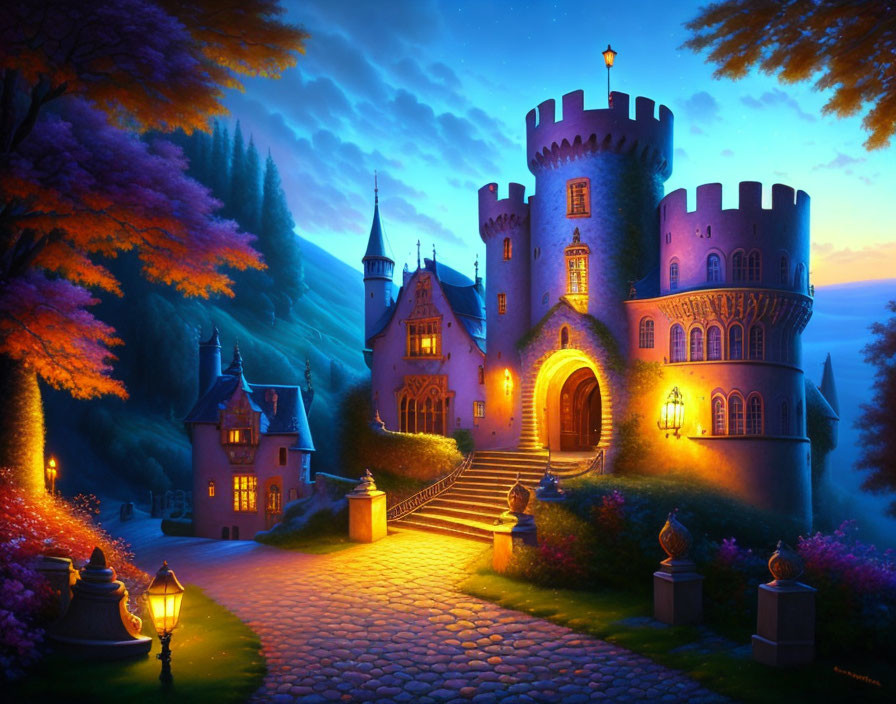 Whimsical castle night scene with glowing windows and lush foliage